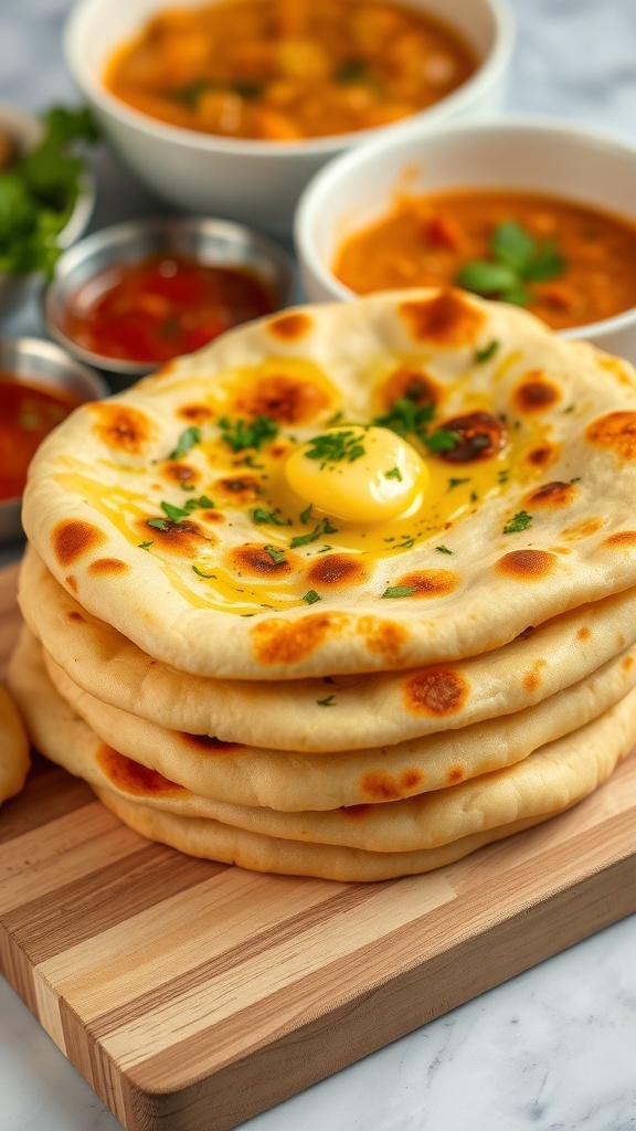Bread Machine Naan Dough Without Yogurt Golden brown naan bread stacked on a wooden board, garnished with herbs, with curry and chutney in the background.